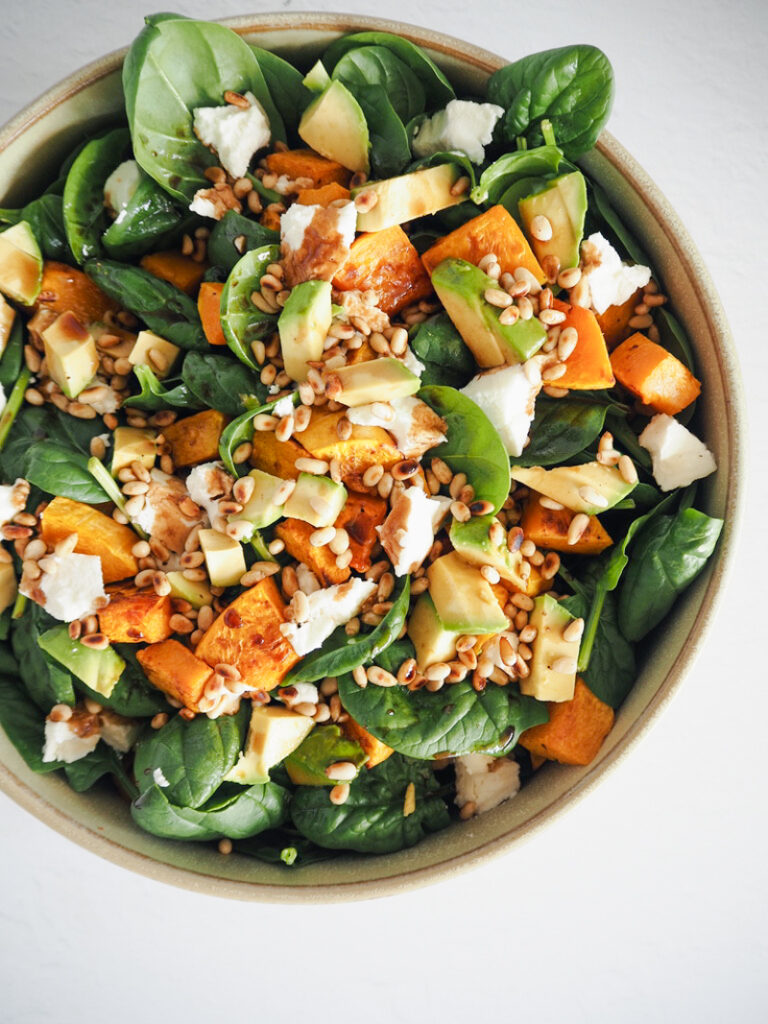 Pumpkin Salad with Avocado, Goat Cheese, Spinach & Pine Nuts