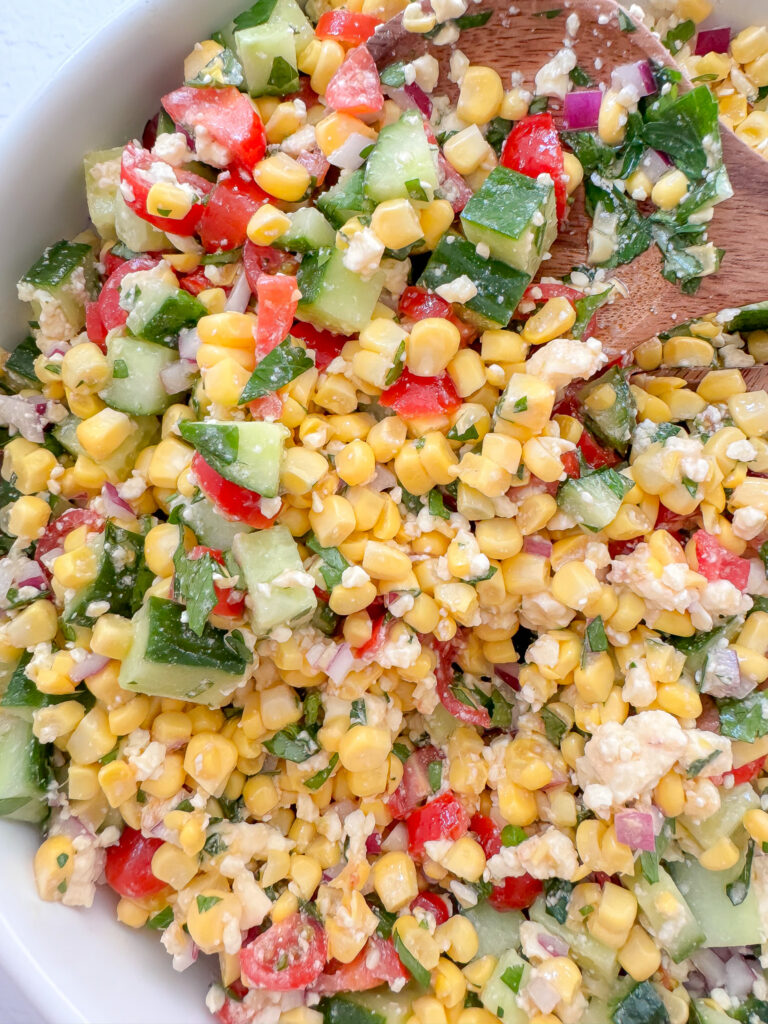 Fresh easy corn salad in a serving bowl